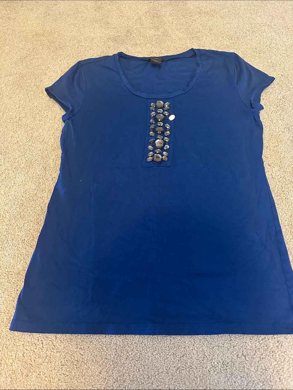 Ann Taylor Royal Blue Scoop Neck Tee with Front Gem Detail